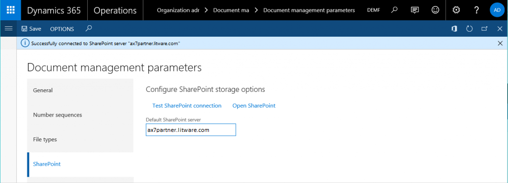 Screenshot of the Document management parameters page.