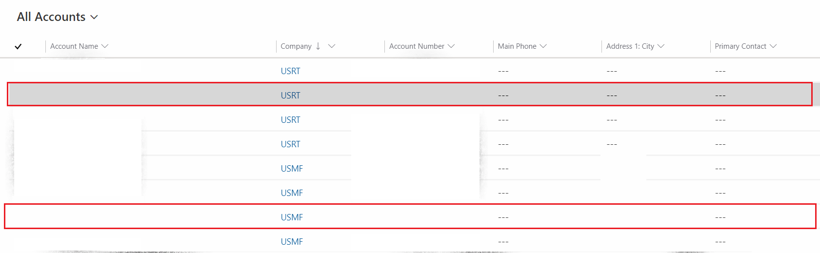 Screenshot of choosing a row to change the default company.
