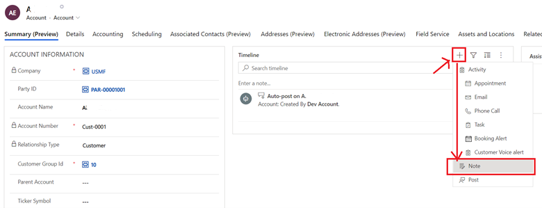 Screenshot of creating a note in the customer engagement app.
