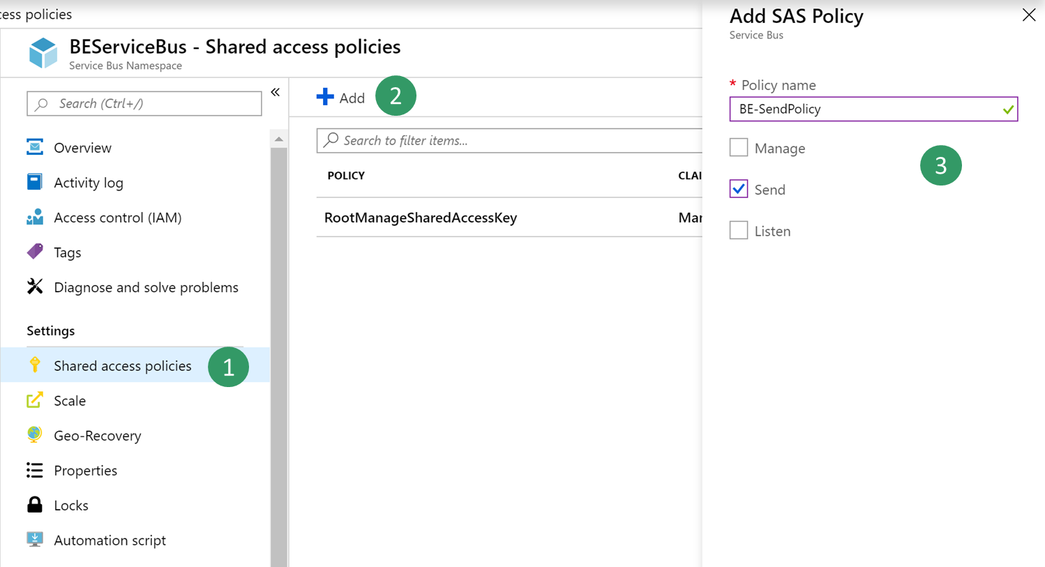 Screenshot of Service Bus Shared access policy.