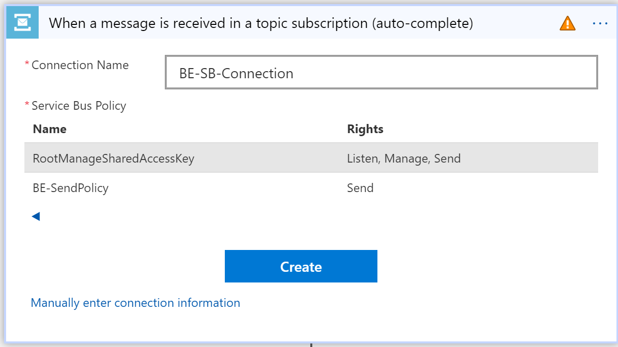Screenshot of Service bus listen policy.