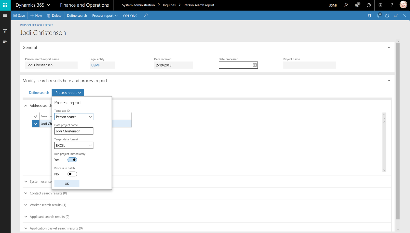 Screenshot of the process report dialog.