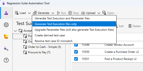 Screenshot of the Generate execution files menu item.