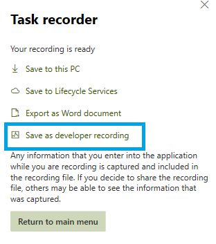 Screenshot of Save task recording as developer.