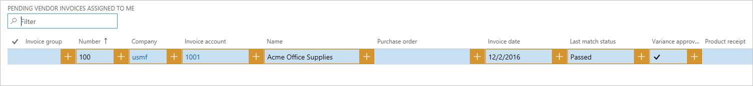 Screenshot of the columns on the Pending vendor invoices assigned to me page.