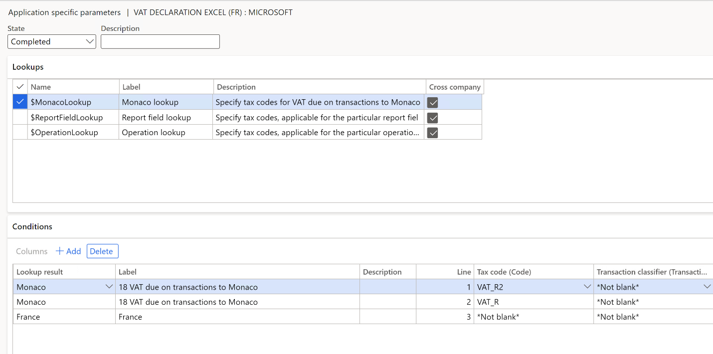 Screenshot of the Application specific parameters page showing Monaco lookup conditions.