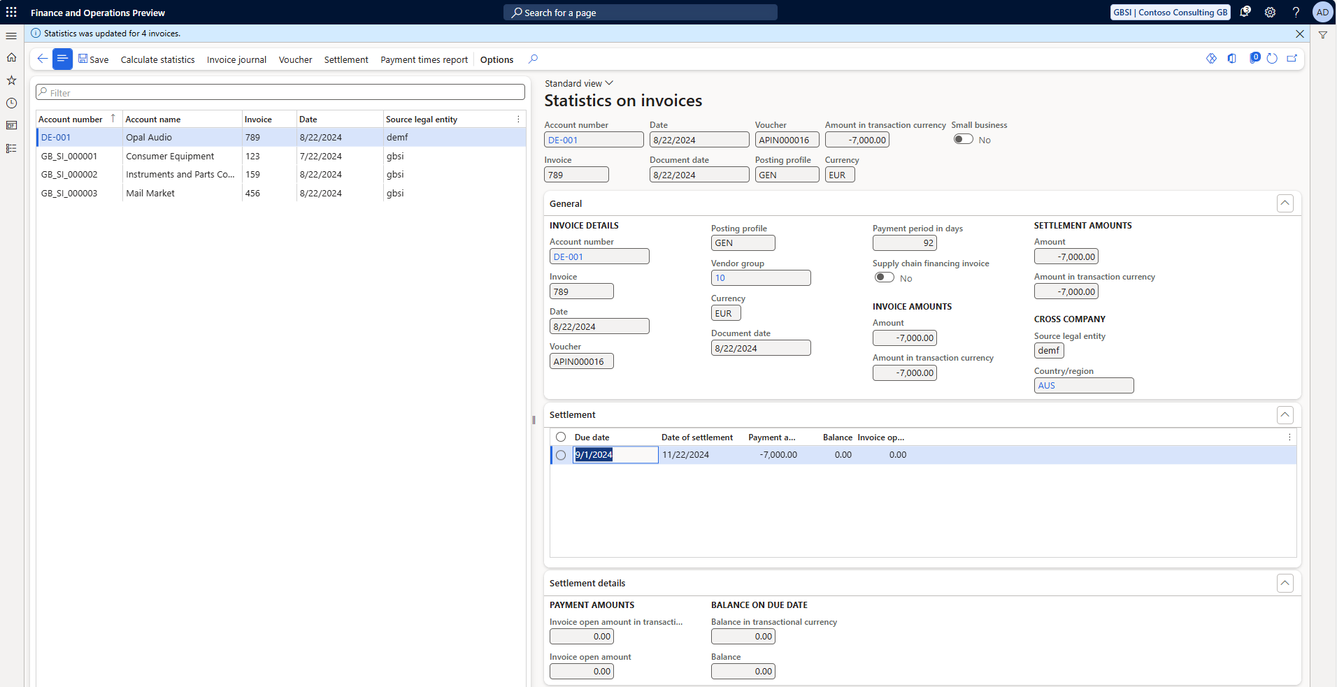Screenshot of statistics on the Invoices page.
