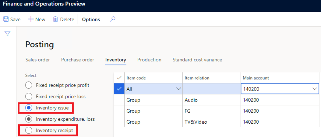 Screenshot of setting up Inventory issue and Inventory receipt posting.