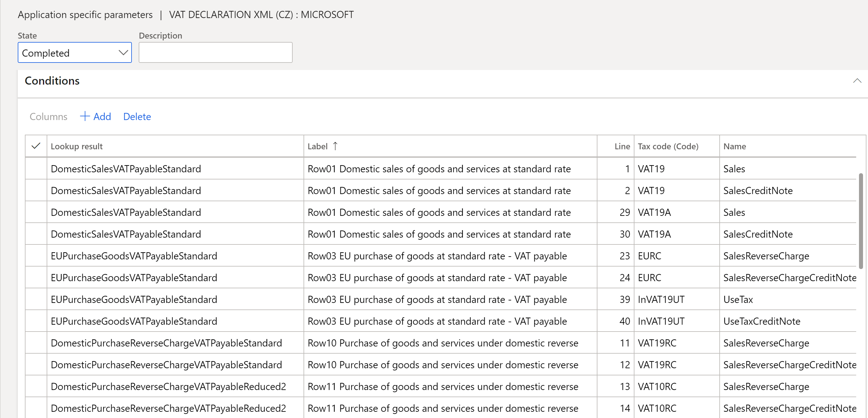 Screenshot of the Conditions FastTab on the Application specific parameters page.