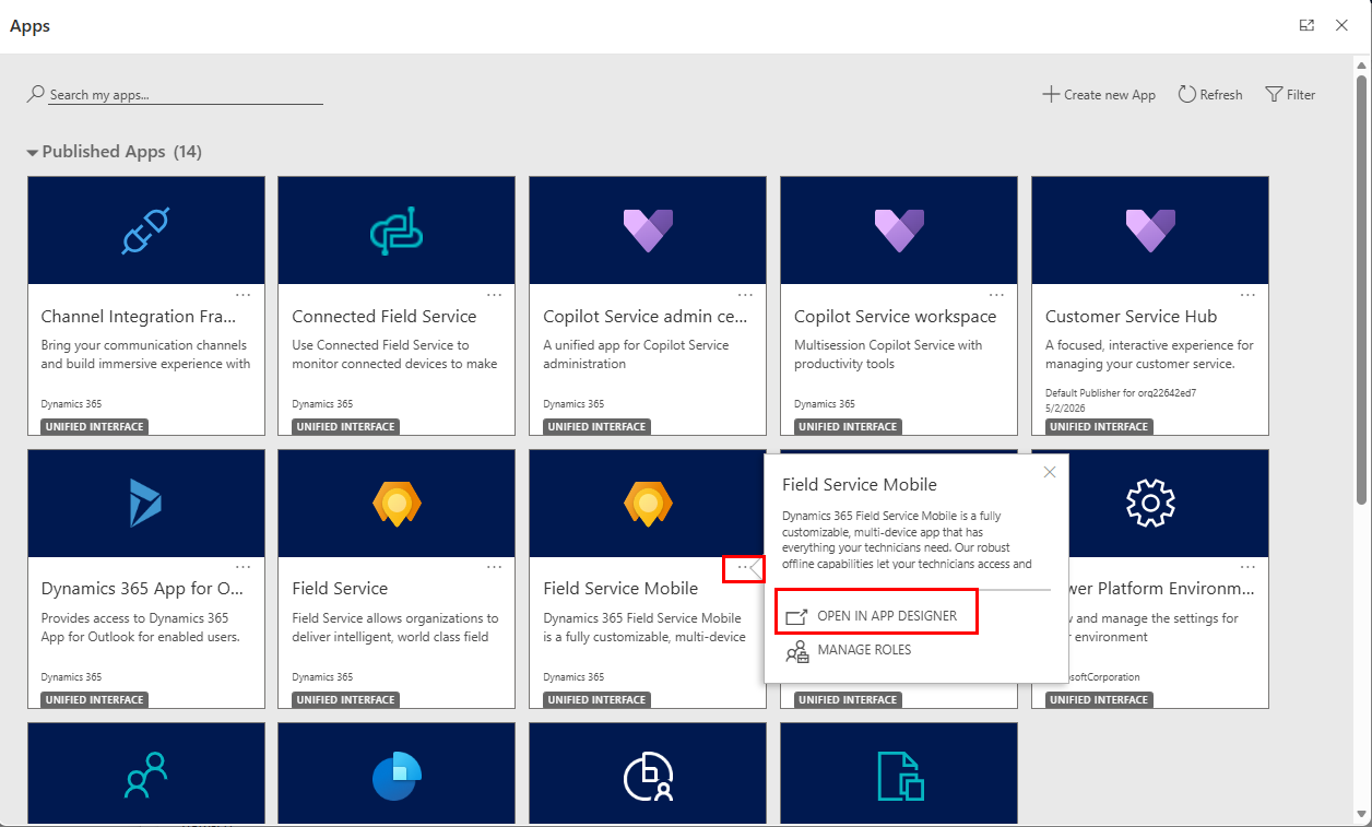 Screenshot of the Dynamics 365 App Selector showing Options and Open in App Designer from the Field Service Mobile card.