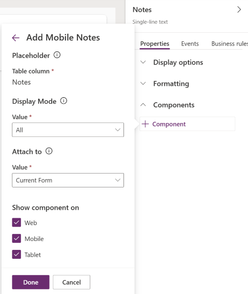 Screenshot of Mobile Notes component for a column.