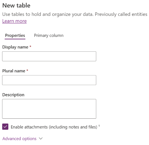 Screenshot of creating a new table with the Enable attachments checkbox selected.