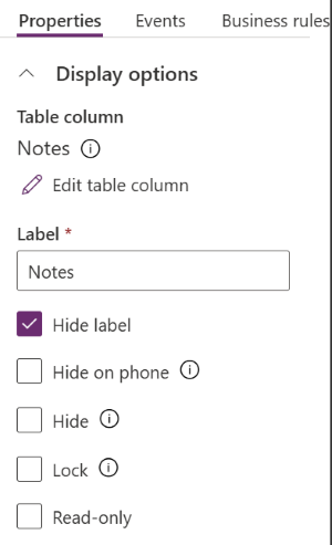 Screenshot of Display options property for a column with the Hide label checkbox selected.