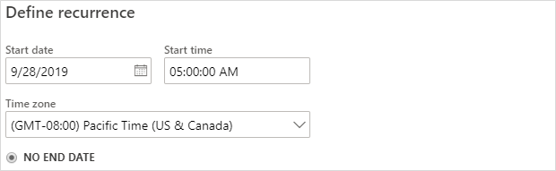 Screenshot of defining the recurrence start date and start time with no end date.