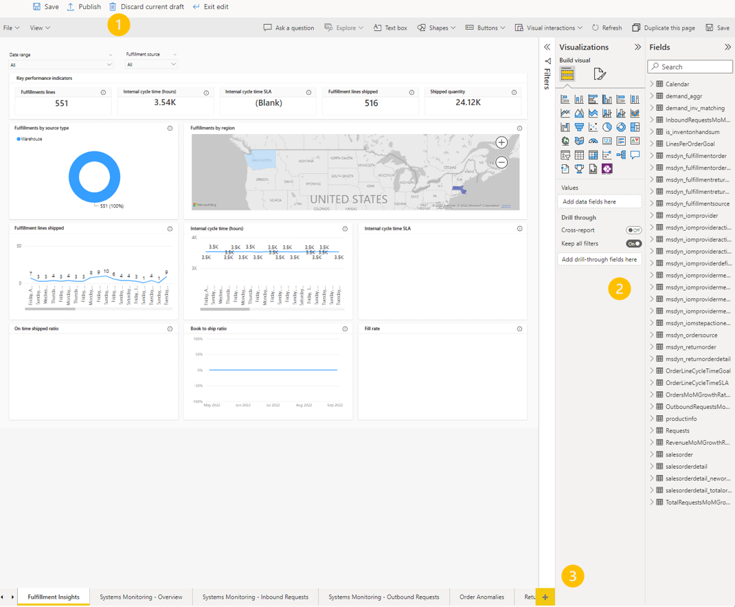 Screenshot of editing controls, customization controls, and New page button on an Insights page.