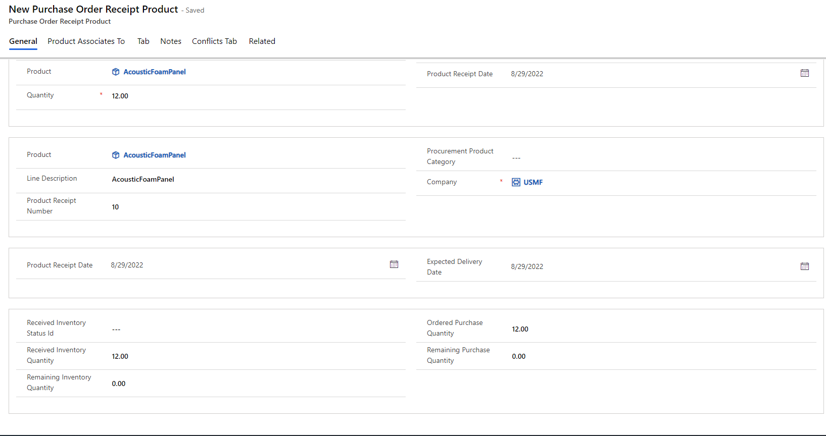 Screenshot of the New Purchase Order Receipt Product page.