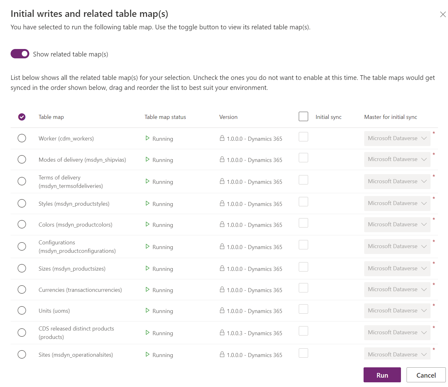 Screenshot of the Transfer Order Products table map in dual-write.
