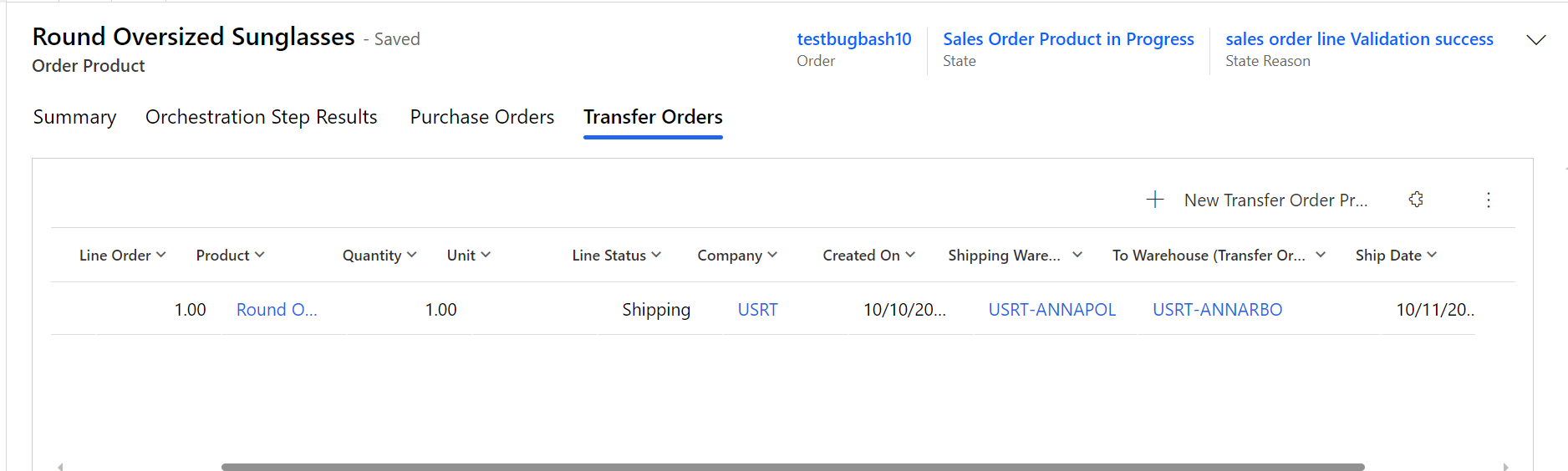 Screenshot of the transfer order view on the sales order product page.