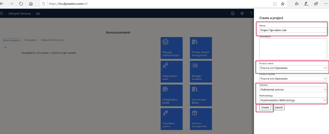 Screenshot of creating a Lifecycle Services project.