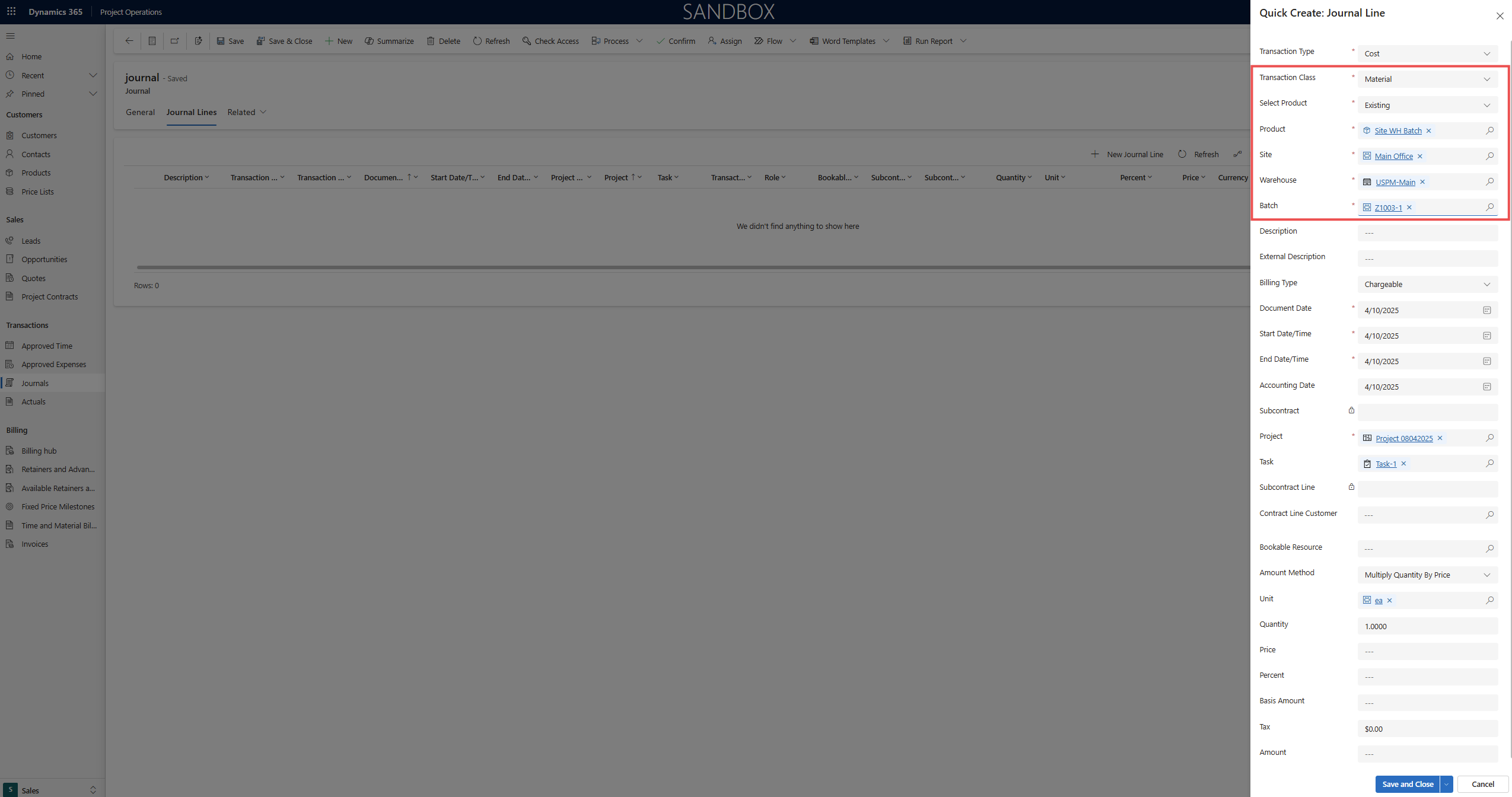 Screenshot of the Quick Create: Journal Line dialog in Project Operations, highlighting the transaction date, product, site, warehouse, and batch information.