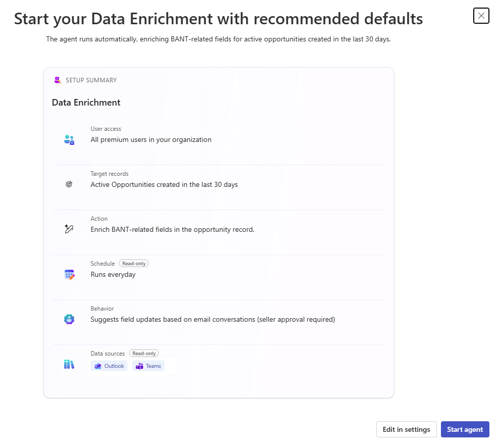 Screenshot of the Data Enrichment quick setup dialog box with recommended default settings.