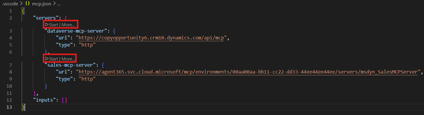 Screenshot of the MCP server start button in Visual Studio Code