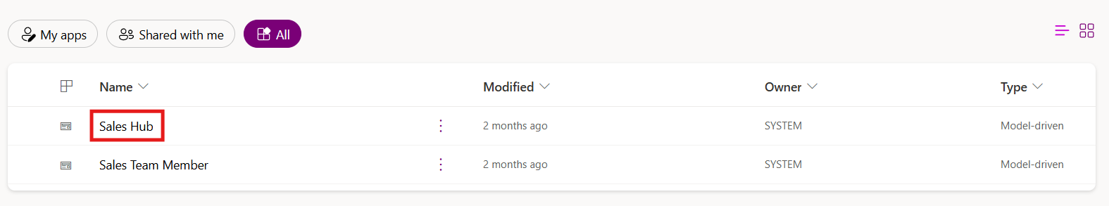 Screenshot of the Power Apps Apps page showing the Sales Hub app listed under All apps.