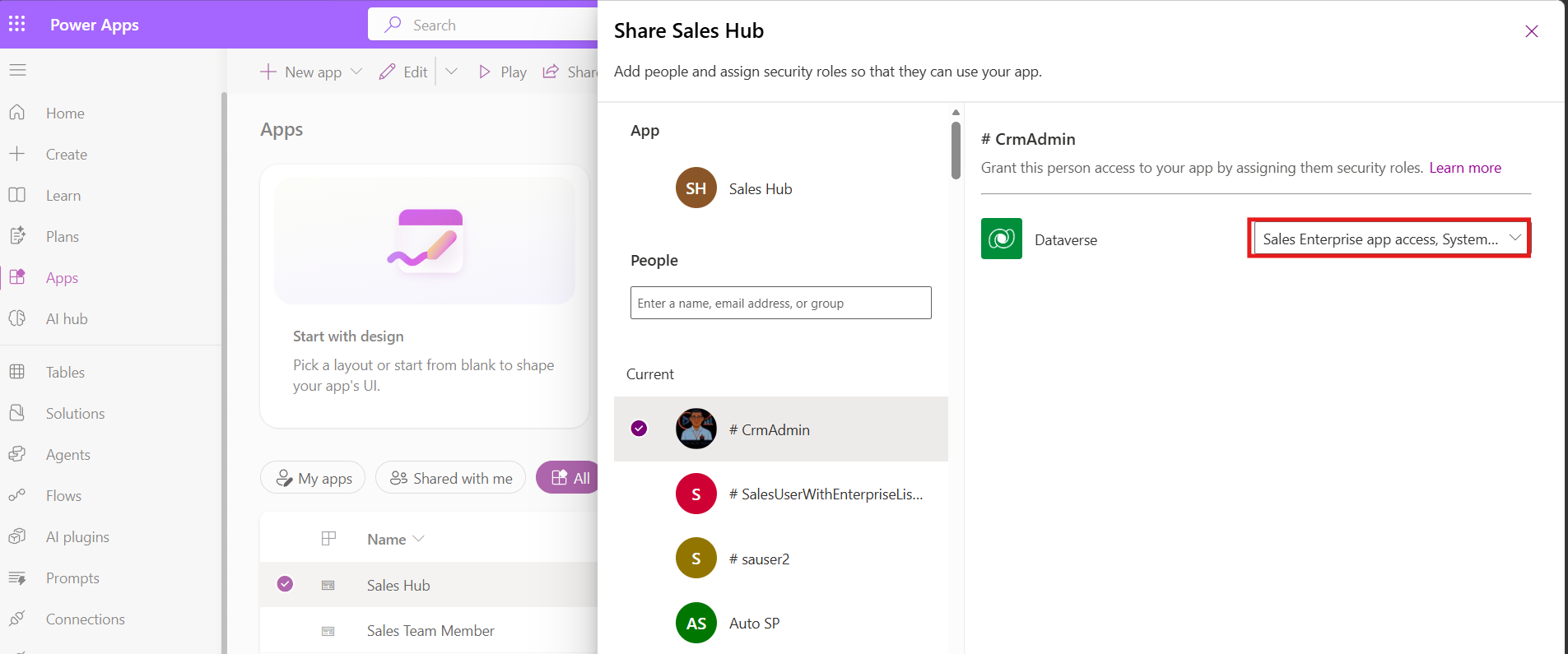 Screenshot of the Power Apps Apps page showing the Share Sales Hub page.
