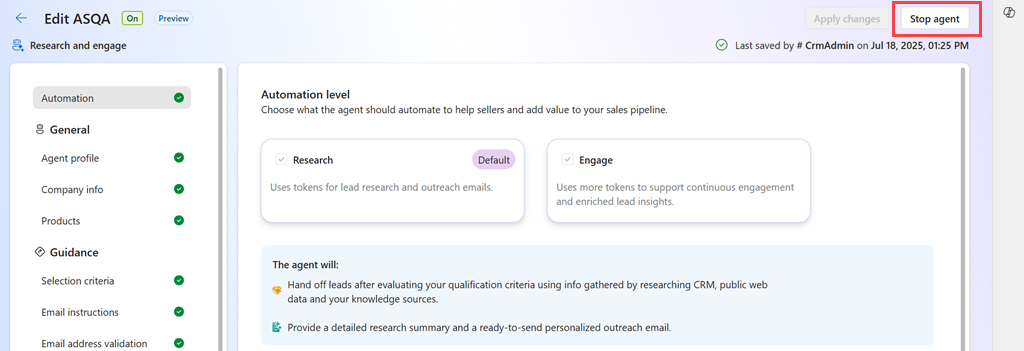 Screenshot of stopping the Sales Qualification Agent in settings page.