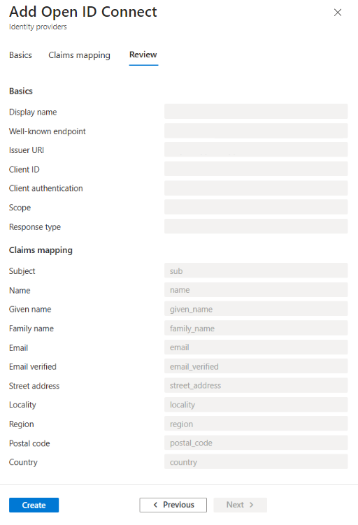 Screenshot of the Review tab showing mapped OIDC claims and corresponding user flow attributes before saving the identity provider configuration.