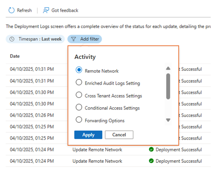 Screenshot that shows the deployment log activity details.