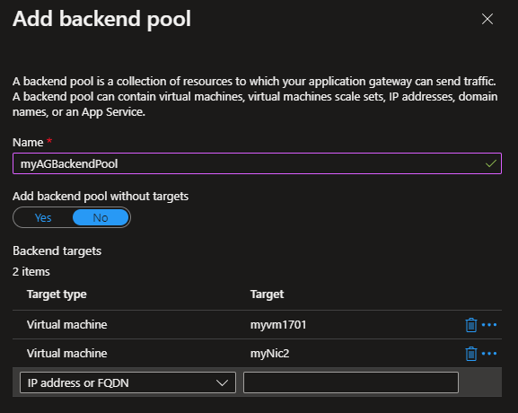 Application Gateway backend pool configuration showing IIS web servers.