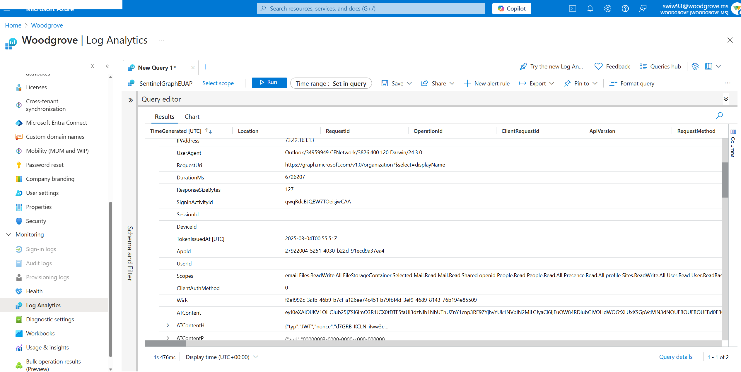 Screenshot of KQL query results showing joined logs.