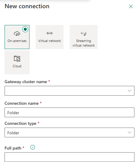 Screenshot showing how to set up a new Folder connection.