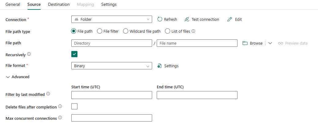 Screenshot showing the Source tab configuration for Folder.