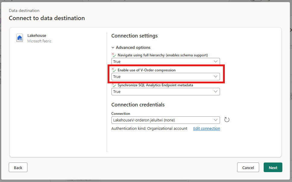 Screenshot of the Connect to data destination dialog for Lakehouse with the Enable use of V-Order compression advanced option highlighted.