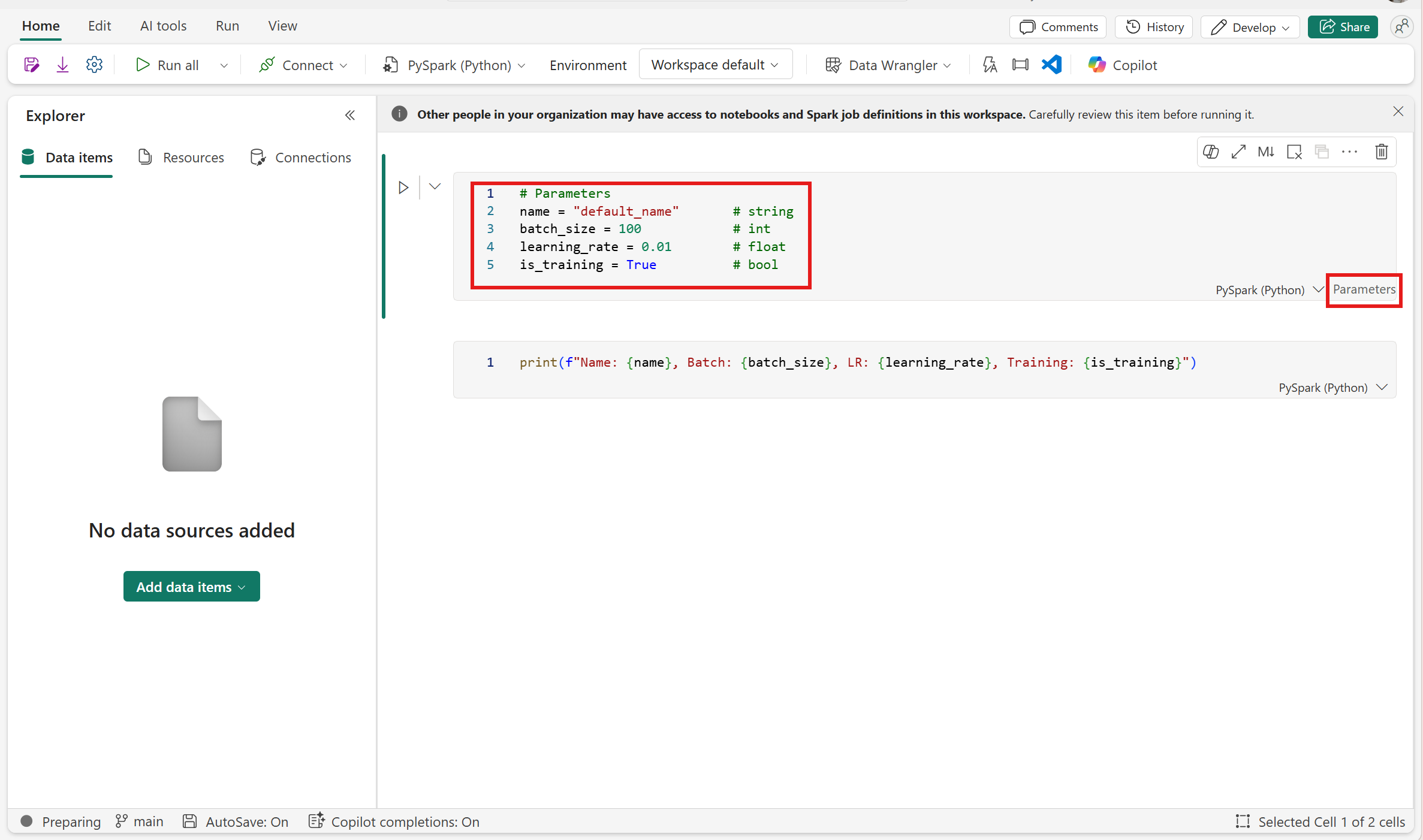 Screenshot showing Notebook and the parameter cell in a Notebook.