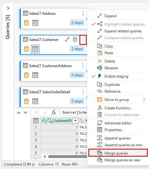 Screenshot of the Merge queries option.