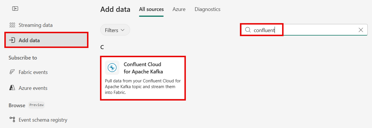 Screenshot that shows the selection of Confluent as the source type in the Add source wizard.