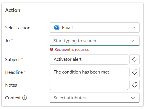 Screenshot of the Send email notification section in the Add Rule side pane.
