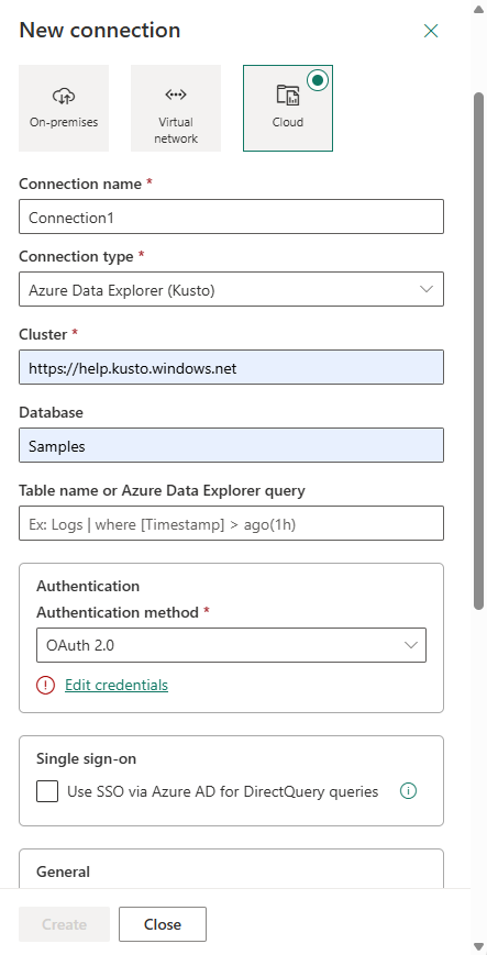 Screenshot showing how to complete the new connection form.