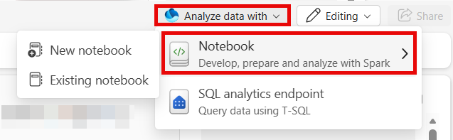 Screenshot of the *analyze data with* button expanded with the notebook option highlighted.