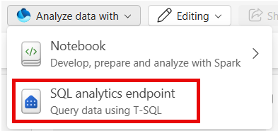 Screenshot of the **Analyze data with** button expanded with the SQL analytics endpoint option highlighted.