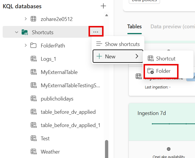 Screenshot of the pop-up menu showing the option to create a new folder for the shortcut.