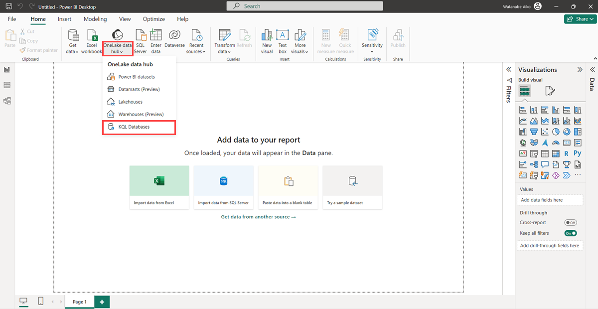 Screenshot of Power BI Desktop showing the dropdown menu of the OneLake catalog.