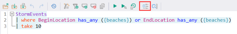 Screenshot of the query editor showing a query with parameters. The query editor option **Query parameters** is highlighted.