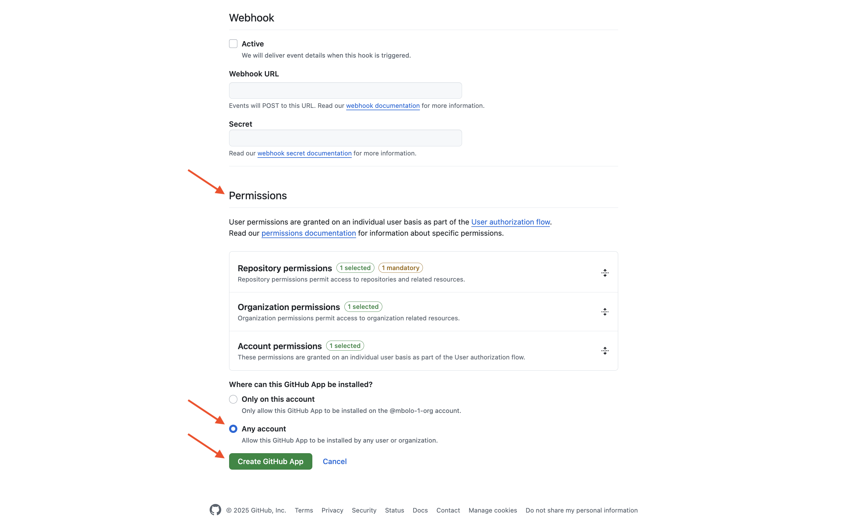 Screenshot of GitHub App permissions and installation settings section.