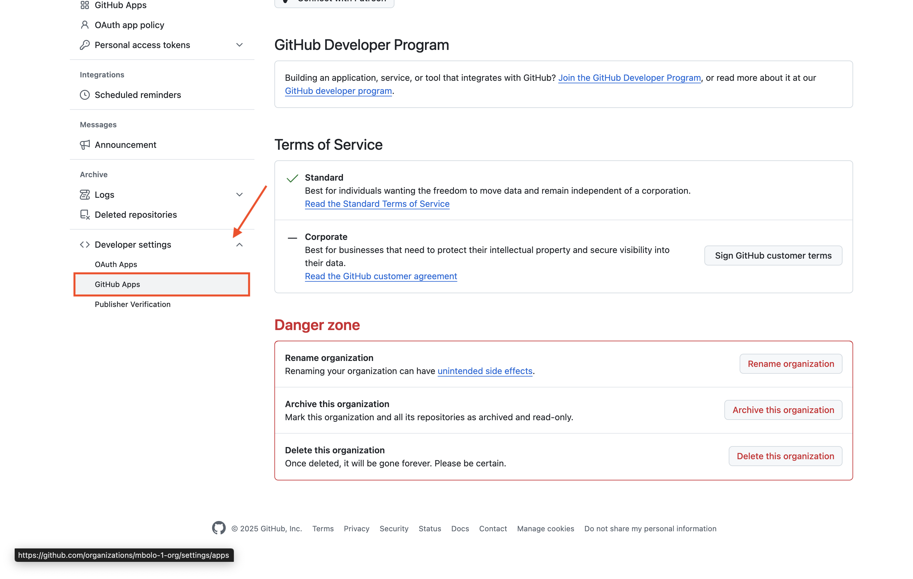 Screenshot of GitHub organization settings sidebar showing Developer settings and GitHub Apps option.