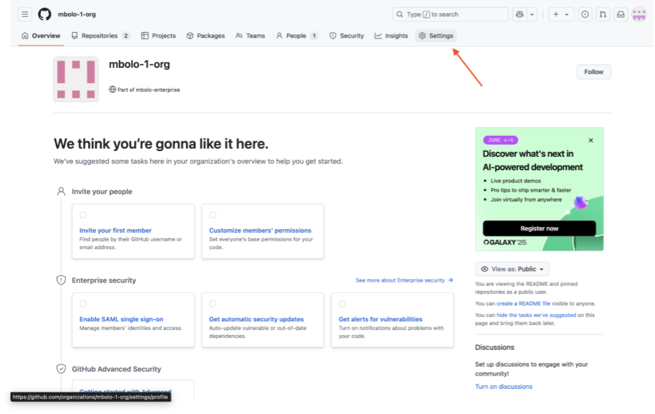 Screenshot of GitHub with Settings highlighted.