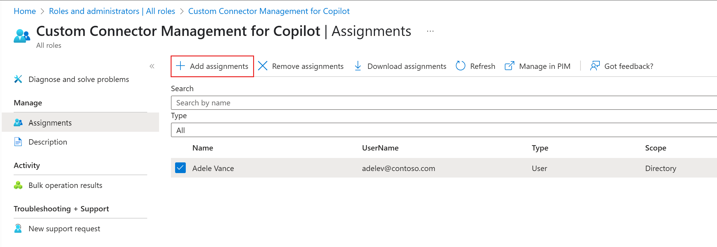 A screenshot of the Assignments page in Microsoft Entra admin center